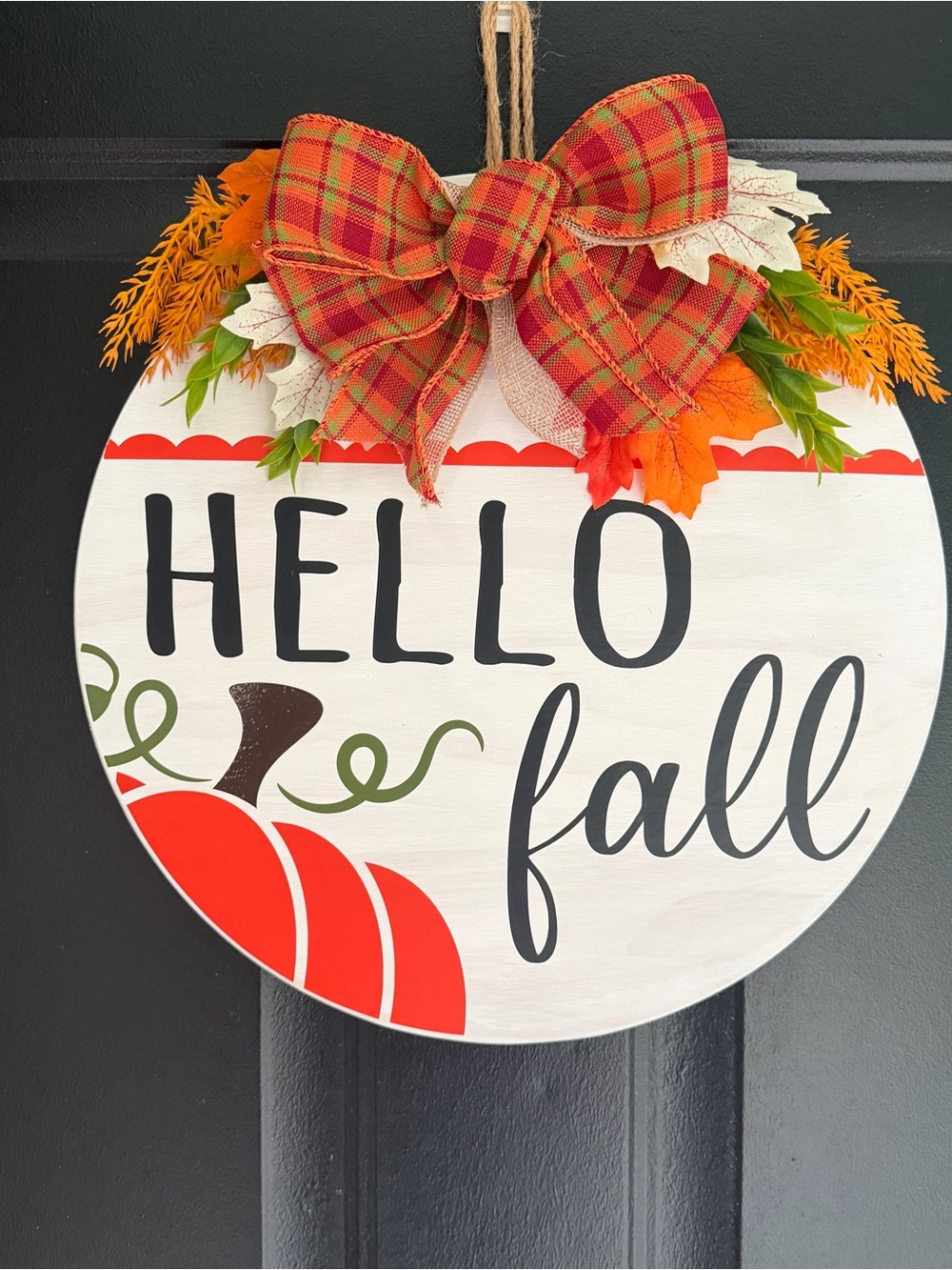 Hello Fall Round Door Sign with Orange Plaid Bow - Unbranded